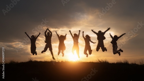 Vibrant orange sunset backdrop with silhouettes of friends jumping for joy. Group of friends celebrating success or hiking together at sunset.