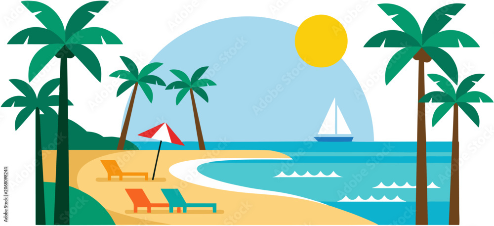 Obraz premium Tropical Beach with Palm Trees Vector Illustration