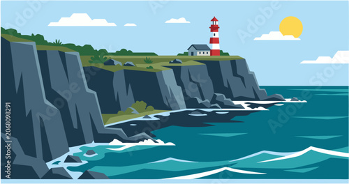 Fotografi Sea Cliff Lighthouse Coastal Landscape Vector Illustration