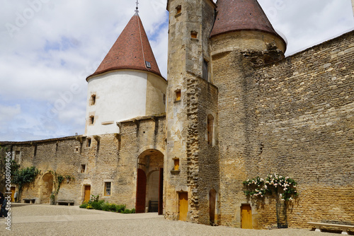 View entrance and courtyard of Châteauneuf castle. June, France, Burgundy. Côte-d’Or. 