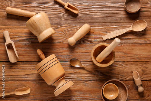 Wooden mortar and pestle se...