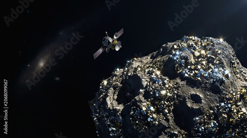 Advanced mining satellite extracts valuable resources from a large asteroid in deep space environment.