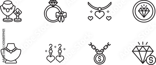 Φωτογραφία Jewelry line icons with ring, necklace, earrings, diamond, pendant and luxury accessories set
