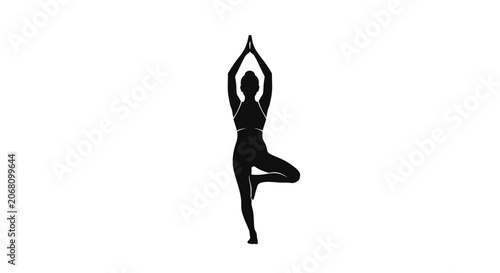 Black silhouette of a woman in yoga tree pose.