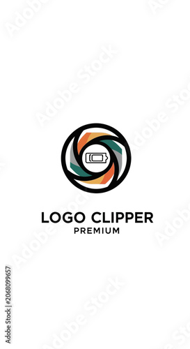 Abstract camera lens logo with battery symbol.