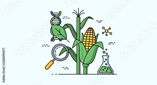 Agricultural science icons with corn and DNA helix.