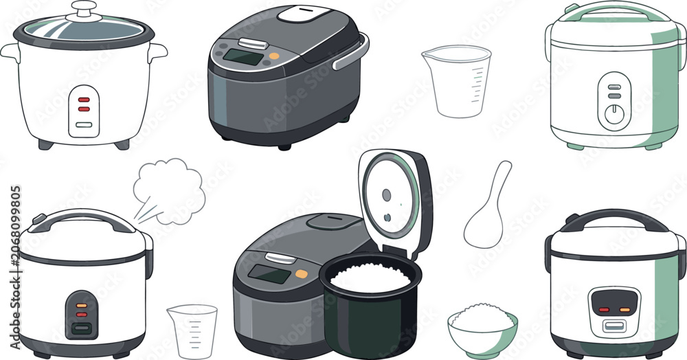 Obraz premium Electric rice cooker vector collection featuring modern digital and traditional kitchen appliances with measuring cup spoon steaming vent and cooked bowl of rice