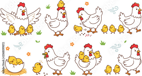 Foto Cute cartoon hen and chicks sticker elements set with mother chicken protecting