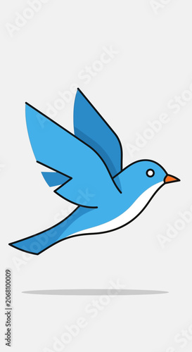 Blue bird flying illustration on white background.
