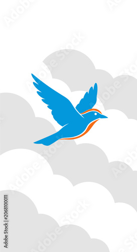Blue bird flying through white fluffy clouds.