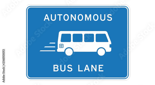 Blue autonomous bus lane traffic sign with icon.