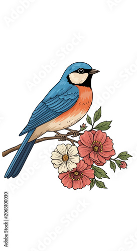 Blue bird on branch with spring flowers.