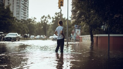 Man walks in flooded street during heavy rain in a city in the afternoon near tall buildings under yellow traffic light