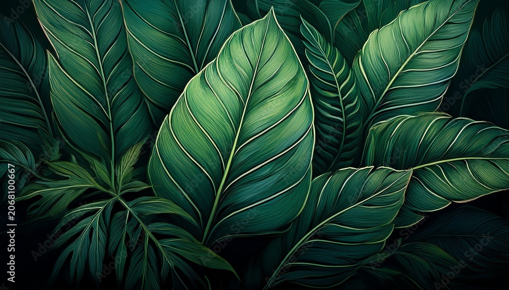Fototapeta premium Tropical Green Leaf In Dark Tone