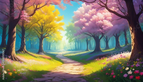 Colorful Forest Path Spring Scene Digital Art Fantasy Landscape
