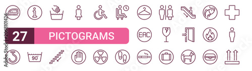 Set of 27 outline Pictograms icons for modern UI, landing pages and digital services. Editable stroke collection with ironing, hoist, info, hand, eac and dog.