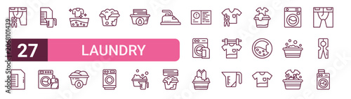 Set of 27 outline Laundry icons for modern UI, landing pages and digital services. Editable stroke collection with shorts, detergent, detergent, washing machine, washing machine and tshirt.