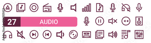 Obraz na plátně Set of 27 outline Audio icons for modern UI, landing pages and digital services