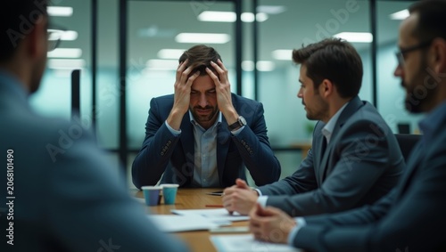 Man in business meeting looks stressed and overwhelmed with hands on head