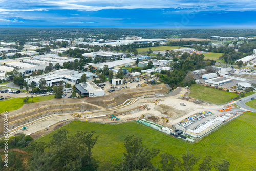 Aerial photograph of a new construction site in an industrial area near the Nepean River in the Western Sydney city of Penrith in New South Wales, Australia