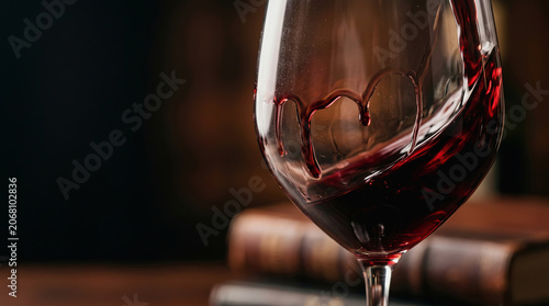 Red wine swirls elegantly in a glass with heart shaped etching above stacked vintage books on dark wooden surface