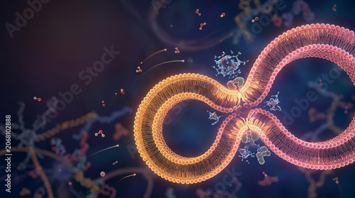 Scientific illustration of a double helix DNA strand with floating molecular structures and particles in deep blue space background