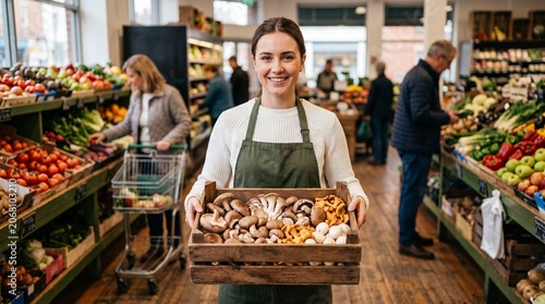 Smiling female grocer holding wooden crate of fresh mushrooms, organic produce market worker in green apron, local grocery store small business owner