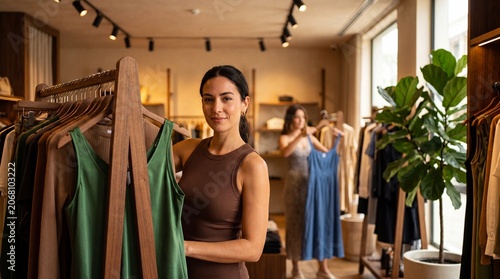 Fashion boutique owner standing in clothing store, small business entrepreneur in retail shop, female customer browsing apparel on racks