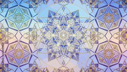 Canvas Print Intricate geometric mandala pattern with crystalline blue and gold elements, creating a serene and symmetrical abstract design
