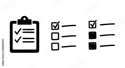 Vector illustration of set of checklist icons, clipboard with check marks and hand drawn checkboxes on a transparent background