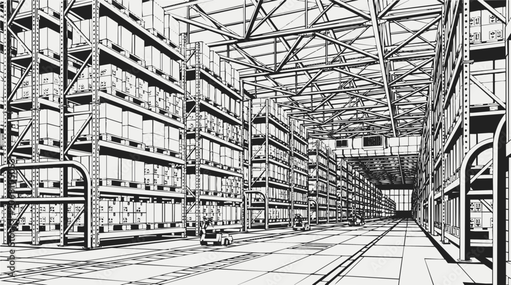 Fototapeta premium Wide Perspective of a Large Industrial Warehouse with Storage Shelves and Logistics Infrastructure for Efficient Distribution and Stock Management