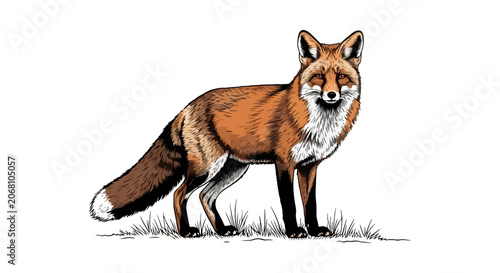 Foto Hand drawn illustration of a red fox standing in a field with a bushy tail