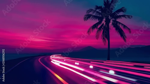 Vibrant synthwave landscape featuring winding coastal road with glowing neon light trails under dramatic purple sunset sky framed by tropical palm tree silhouette