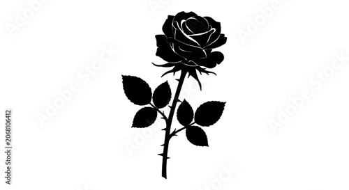 Vector illustration of black silhouette of a rose flower with leaves and thorns on a transparent background
