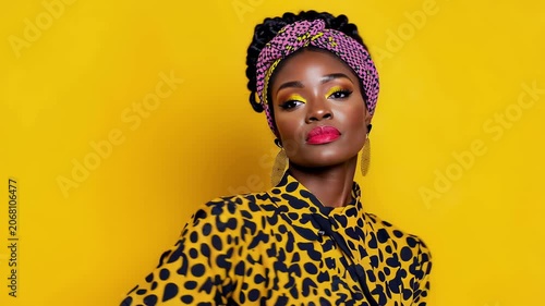 Elegant portrait of woman with braided hair wearing patterned headwrap and leopard print attire against vibrant sunlit yellow backdrop for bold fashion editorial statement.