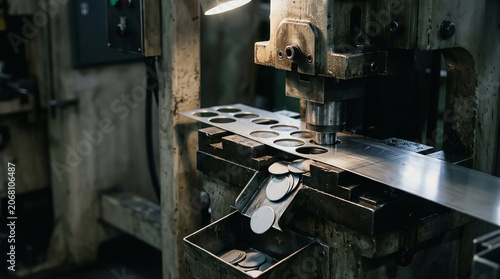 Industrial press machine stamps metal sheet with precision in factory setting