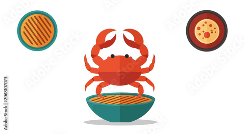 Cooked crab with grill and soup bowl icons.