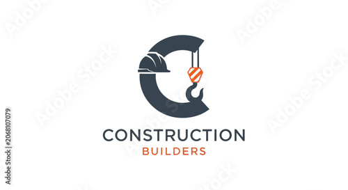 Construction builders logo featuring crane hook and helmet