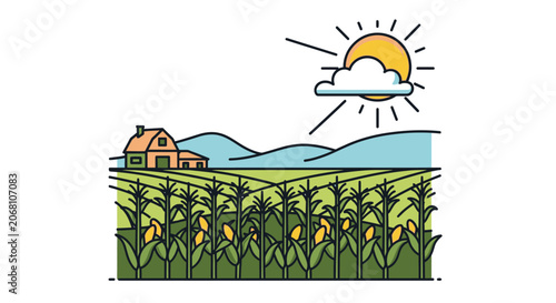 Corn field farm landscape with house and sun.