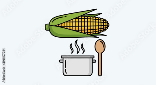 Corn cob with cooking pot and wooden spoon.