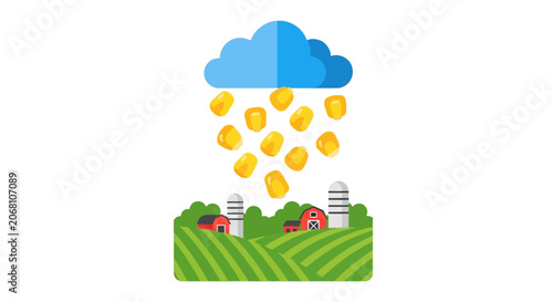 Corn kernels raining on farm fields from blue cloud.
