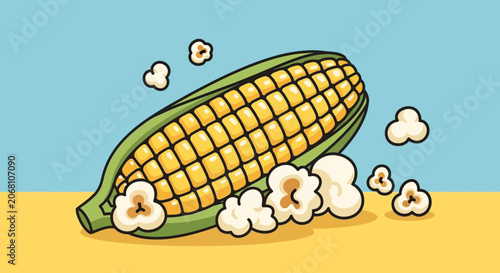 Corn on cob with popcorn pieces illustration.