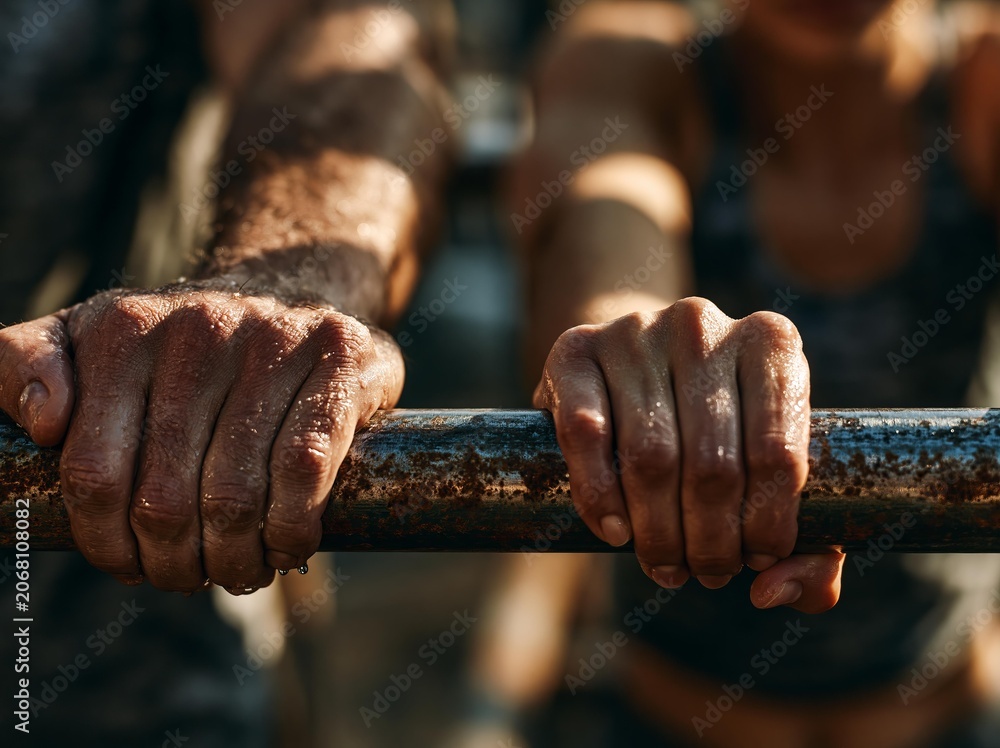 Naklejka premium Muscular hands gripping rough metal bar with sweat droplets. Athletes performing intense physical training outdoors in sunlight