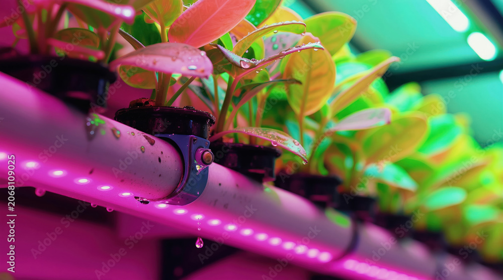 Naklejka premium Modern vertical farm setup uses pipes and pink LED lights for growing plants. Water drips from leaves in a hydroponic system, signifying advanced agriculture.