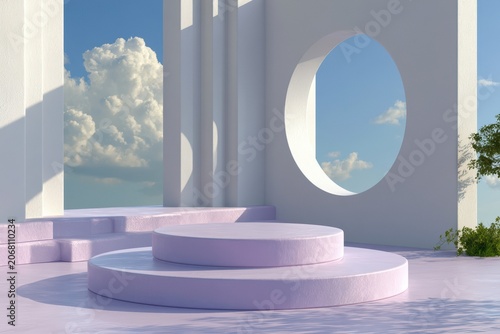 Lavender tiered podium, minimalist geometric architecture, blue sky with clouds, serene