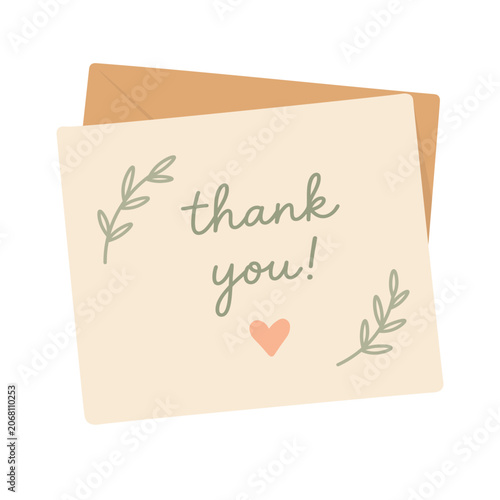 Soft flat vector thank you card with envelope, leaves, heart, and packaging design.
