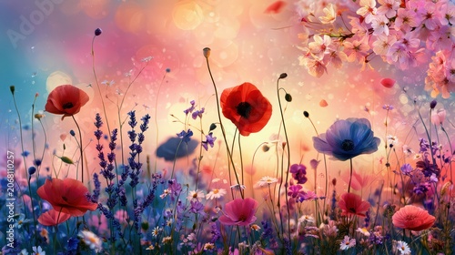 Vibrant wildflowers and cherry blossoms, dreamy sunset meadow, magical spring atmosphere