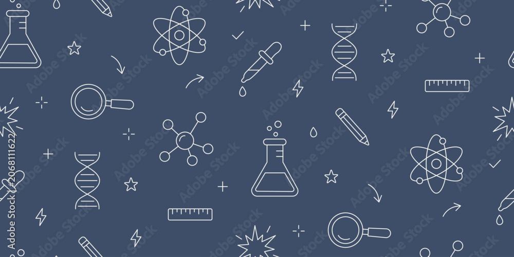 Fototapeta premium School laboratory flasks, atom models, DNA helixes, pipettes, and pencils for kids STEM class. Educational background for elementary chemistry textbooks, wrapping paper, dark blue and white seamless p