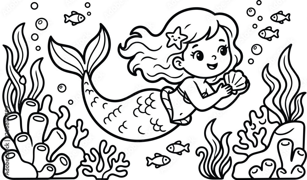 Fototapeta premium Mermaid undersea cartoon with shells and sea creatures in a playful scene