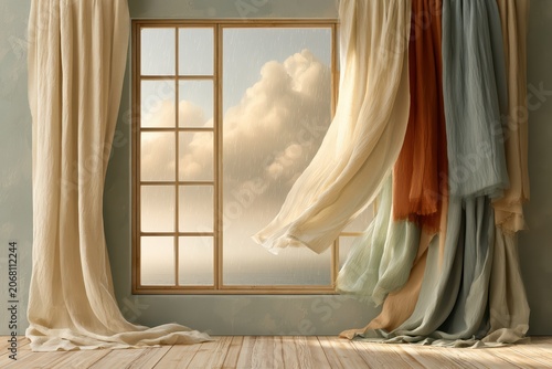 Curtains blowing softly, window view of rainy sky, serene mood